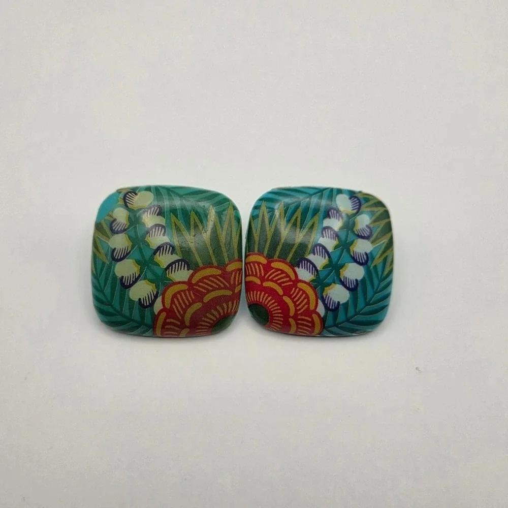 Avon Tropical Beauty Earrings Womens OS Teal Good 1987 Floral Lucite Square 80s